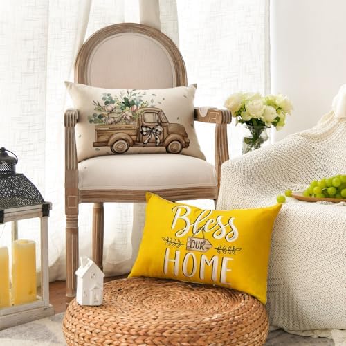 AVOIN colorlife Bless Our Home Farmhouse Eucalyptus Leaves Throw Pillow Covers, 12 x 20 Inch Yellow Truck Home Sweet Cushion Case Decorations Set of 4 - Image 3