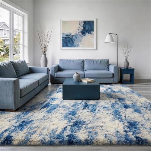 Ophanie 9x12 Blue and Gray Area Rugs for Living Room,Large Navy Grey White Fluffy Shag Fuzzy Plush Soft Carpets,Floor Shaggy Rugs for Bedroom,Carpet for Kids Dorm Decor with Over 99 pcs Pile fibers - Image 3