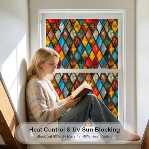 Window UV Protection Rainbow Privacy Film:Non-Adhesive Static Cling Decorative Window Film with Installation Tools,Stained Glass Window Film for Kitchen,Bathroom,and Shower Doors,16.9 x 78.7 inches. - Image 2