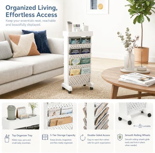 5-Tier Rolling Bookshelf Cart with Wheels, White - Image 6