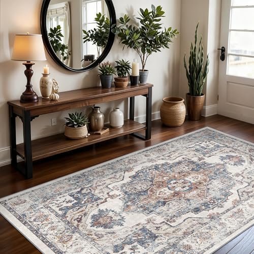 4x6 Living Room Area Rugs: Washable Boho Bedside Rugs Non-Slip Low Pile Small Carpet for Kitchen Bedroom Non-Shedding Floor Mat for Kids Room Office Dining Room(4x6，Brick) - Image 2