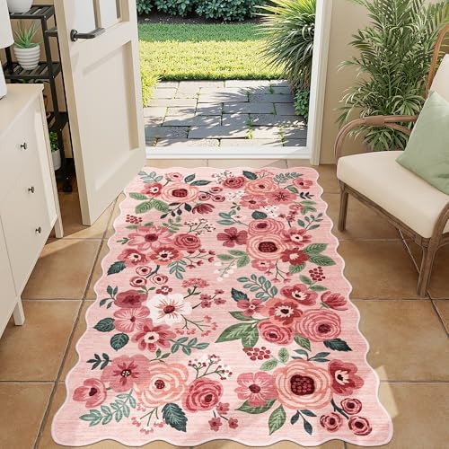 DUKINO 3x5 Area Rugs, Non Slip Floral Washable Rug for Bedroom, Pink by DUKINO