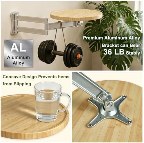 Wall Mounted Folding Table,Retractable Small Bamboo Drop Down Floating Wall Desk,11.8" Round Wood Tabletop with Aluminum Alloy Brackets,Bedside Wall Shelf Drop Top Desk,Fold Down Nightstand - Image 5