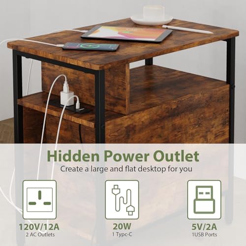 End Table with Charging Station and 2 Fabric Drawers, Vintage Brown - Image 4