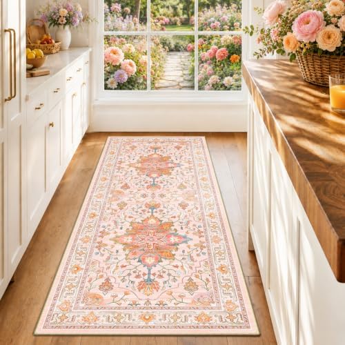 RELEANY Washable Area Rug, Runner 2'x6', Pink/Light Pink/Colorful by RELEANY