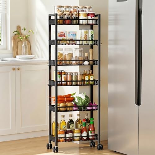 6 Tier Slim Storage Cart, Narrow Rolling Cart with Wheels, 6in(W) by Kssiaz