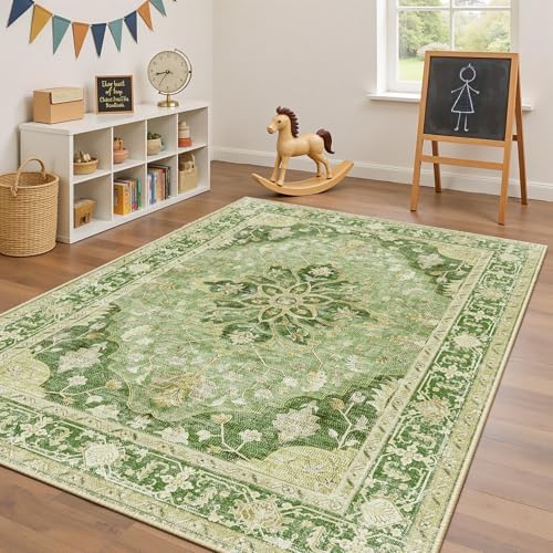 RELEANY Washable Area Rug, 4'x6', Green/Yellow - Image 4
