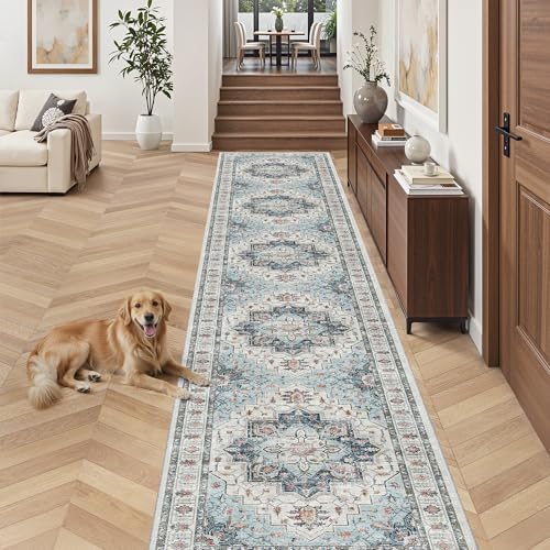 Madane Hallway Runner Rug 2'6''x16' Kitchen Runners Vintage, Blue - Image 4