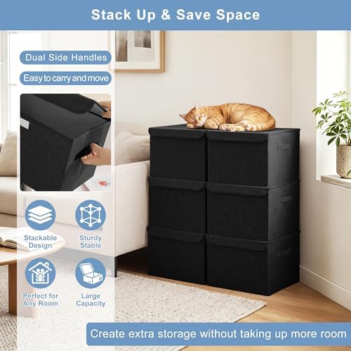 Bagnizer Large 22 Quart Linen Fabric Foldable Storage Bin Cube Organizer Basket with Flip-Top Lid & Handles, Clothes Blanket Box for Home, Office, Closet, Black, 4 Pack 14.6 x 9.5 x 9.5” - Image 5