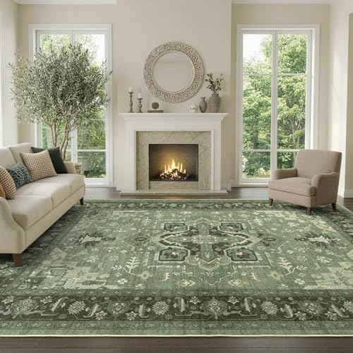 9x12 Ft Extra Large Area Rugs for Living Room, Soft Non-Slip Machine Washable Rug, Vintage Stain Resistant Carpets for Bedroom Nursery Dining Room Home Decor (Green) by Lo%CC%80utiRootHome
