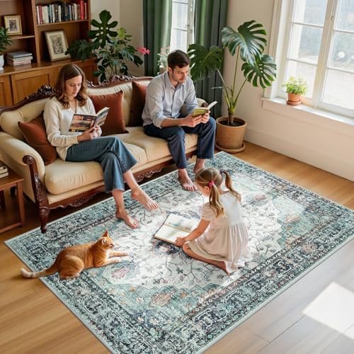 RELEANY Washable Area Rug, 5'x7', Teal Green/White/Navy - Image 3