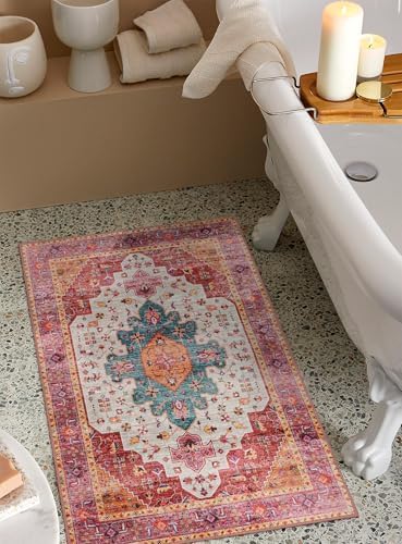 Moynesa Ultra-Thin Washable Runner Rug - Pink 2x4 Bedroom Bathroom Rug Runner Non-Slip Kitchen Rugs, Vintage Stain Resistance Low Pile Entryway Carpet Runner for Hallway Laundry Room - Image 2