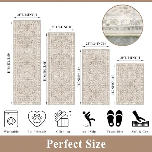 4-Piece Kitchen Rug Set with Runner – Washable Non-Slip Floor Mats for Sink, Entryway, Hallway, Bathroom – Soft Low-Pile Thin Boho Floral Rugs,Kitchen Decor (Beige, 2x3+2x4+2x5+2x6) - Image 2