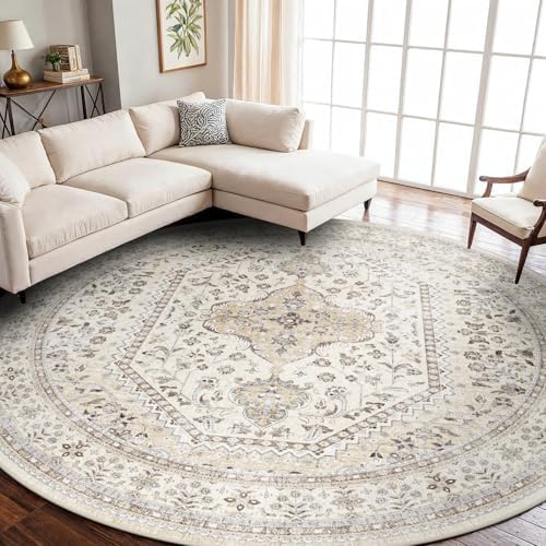 Puino 9Ft Round Rug Washable: Non-Slip Boho Living Room Circle Area Rugs by Puino