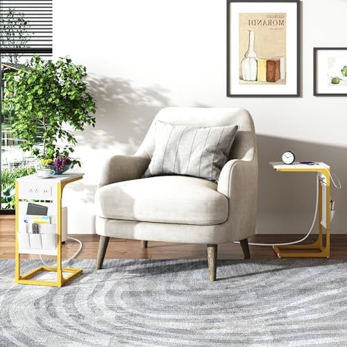 TUTOTAK C Shaped End Table with Charging Station, Side Table for Sofa - Image 5