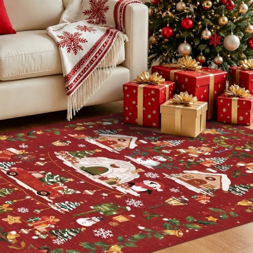 Red 2x6 Kitchen Runner Rug: Non-Slip Printed Hallway Christmas Tree Rugs Washable Low Pile Water Resistant Entryway Bathroom Floor Carpet Soft Mat for Bedroom Bathroom Distressed Beside Rug（2x6，Red） - Image 2