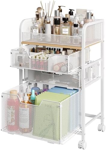 Hongtamoya Makeup Organizer Cart with Drawers, Floor Skincare Organizers Make Up Organizers Vanity Organizer Cosmetic Display Cases Holder for Skin Care Perfume Nail Polish Brush Hair Tool, White by Hongtamoya