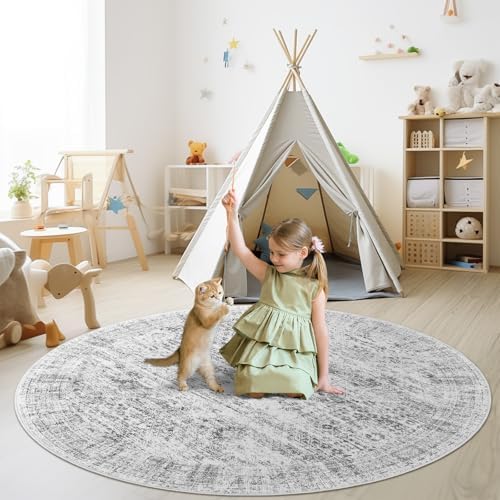 Soalmost 6x6 Grey Round Rug 6ft Circle Living Room Area Rugs Non-Slip - Image 3