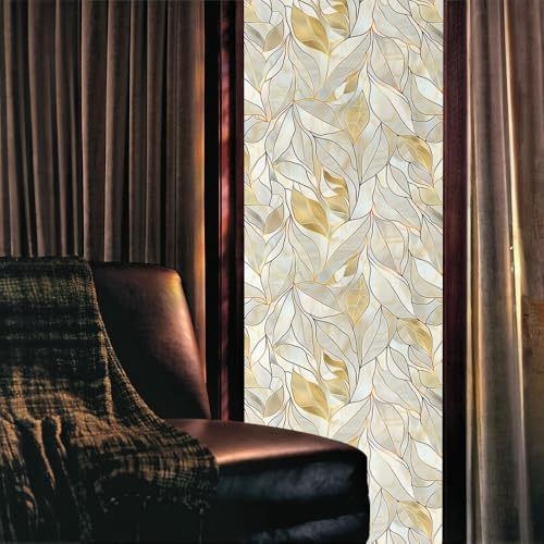 Peal Yellow Gold Leaf Stained Glass Window Films Decorative Double-Side Privacy Film Self-Adhesive Static Glass Window Clings for Living Room Bathroom Glass Windows Decor - Image 2