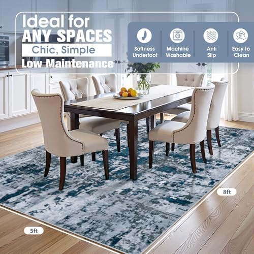 5x8 Area Rugs for Living Room Washable Bedroom Dining Room Navy Grey - Image 2