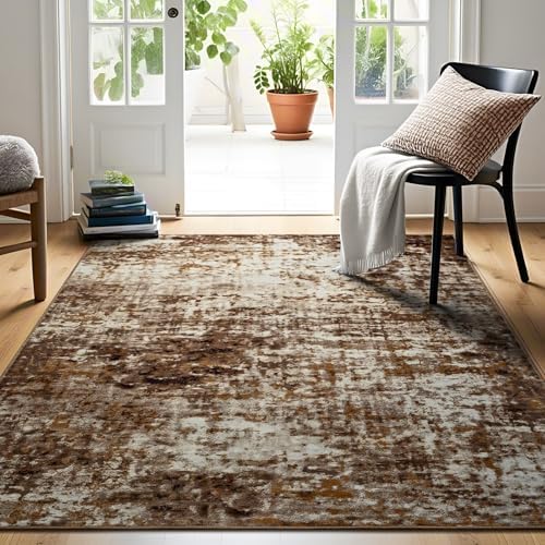 Modern Abstract 3x5 Rug, Non Slip Entryway Rug, Soft Machine Washable Rugs for Indoor Entry, Low Pile Stain Resistant Distressed Rug for Living Room, Bedroom, Brown - Image 4
