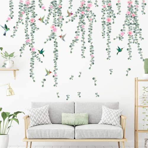 Hanging Green Vine Wall Decals,Succulent Plants Wisteria Floral Flowers Butterflies Birds Wall Stickers, Self-Adhesive Vinyl Removable Living Room Sofa TV Wall Decor - Image 4