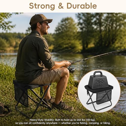 Foldable Backpack Stool, Portable Collapsible Stool for Adults Supports 265lbs, 11.8" Camping Stool, Ultralight Folding Chair for Outdoor, Hiking, Fishing, Camping, Festivals (Black) - Image 6