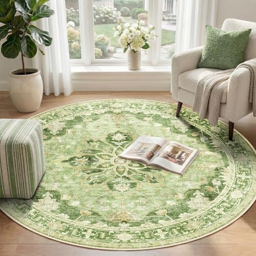 RELEANY Washable Area Rug, Round 4ft, Green/Yellow - Image 2