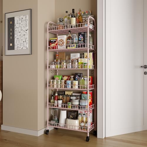 6 Tier Slim Rolling Storage Cart with Wheels, Metal Mobile Shelving Unit Organizer Utility Cart for Office Bathroom Kitchen Laundry Room Narrow Places (Pink 10 Inches) - Image 3