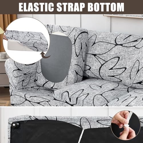 SearchI Stretch Sofa Cover Printed Couch Cover, Floral Pattern 4 Pieces Sofa Slipcover with 3 Separate Cushion Cover, Washable Furniture Protector for Living Room(Sofa, Grey Lotus+White) - Image 4