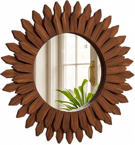 20" Walnut Round Sunburst Wooden Mirror Boho Rustic Wall Decor by Unknown