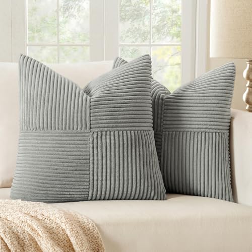 MIULEE Silver Grey Decorative Throw Pillow Covers 16x16 Inch for Couch Bed Sofa Pack of 2 Boho Farmhouse Throw Pillows Soft Cross Corduroy Patchwork Textured Cushion Cases by MIULEE