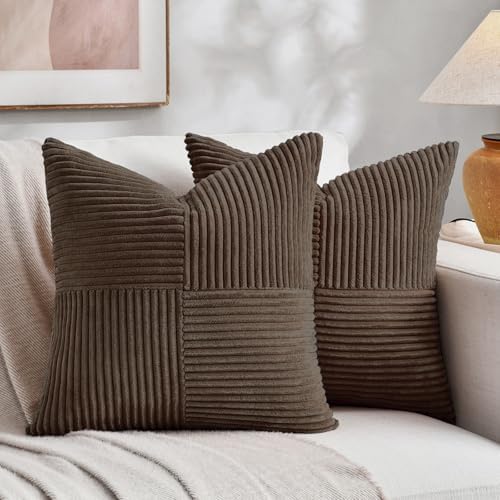 Fancy Homi 2 Packs Dark Brown Decorative Throw Pillow Covers 16x16 Inch for Living Room Couch Bed Sofa, Rustic Farmhouse Boho Home Decor, Soft Corss Patchwork Corduroy Textured Cushion Case 40x40 cm by Fancy+Homi