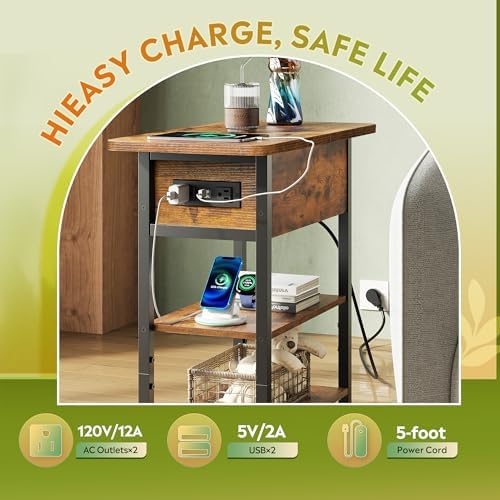 WLIVE 3-Tier End Table with Charging Station Flip Top Narrow Nightstand - Image 5
