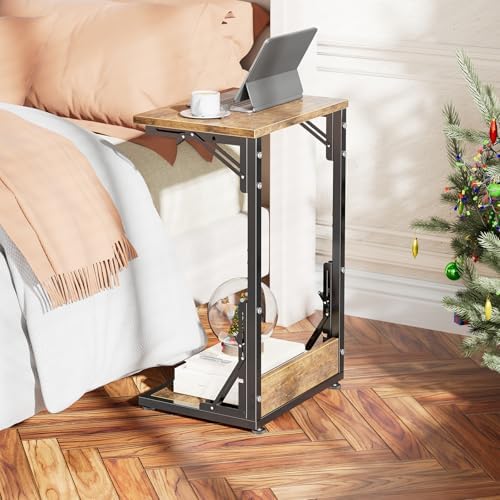 Simple Trending C Shaped End Table, Folding TV Tray Table, Side Table for Living Bedroom, Rustic Brown - Image 2
