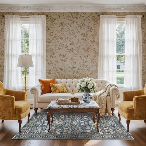 3x6 Washable Entryway Area Rugs: Vintage Easy to Clean Kitchen Rug Runner Soft Non Slip Floor Mat Indoor Farmhouse Carpet for Bathroom Living Room Bedroom Printed Hallway Runners(3x6 Floral/Blue) - Image 2