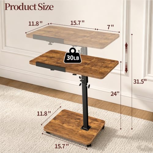 End Table Adjustable Height, 22.8"L Side Table Tv Tray with Wheels, 90° Tilting Panel Couch Table That Slides Under, Small End Table for Small Spaces, Overbed Bedside Desk Mobile Rolling Laptop Stand - Image 2