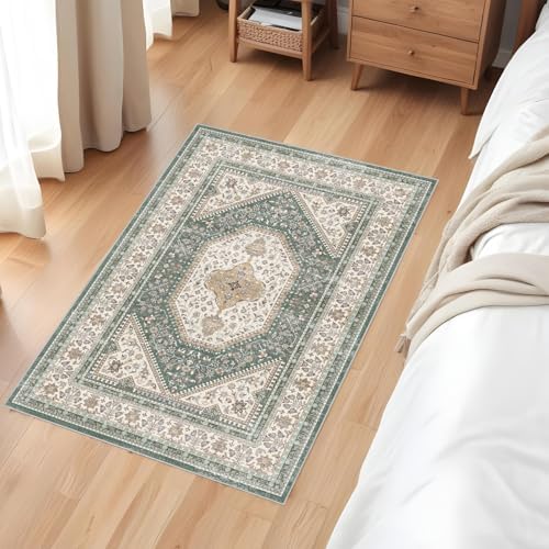 2x3 Washable Entryway Area Rug - Non-Slip Boho Throw Rugs Green Beige - Image 2