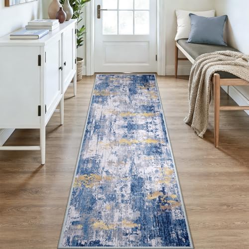 RELEANY Washable Runner 3'x9' Abstract Area Rug for Hallway Blue Gold - Image 2