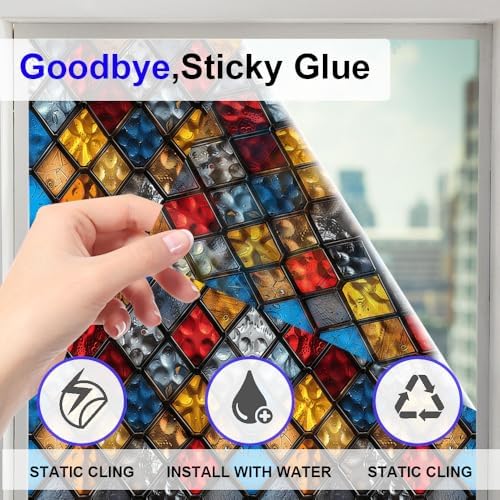 Window UV Protection Rainbow Privacy Film:Non-Adhesive Static Cling Decorative Window Film with Installation Tools,Stained Glass Window Film for Kitchen,Bathroom,and Shower Doors,16.9 x 39.4 inches. - Image 4