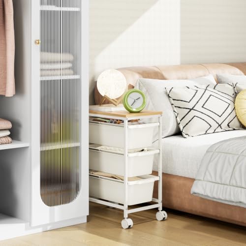 KINGBOARD Slim Rolling Cart with 3 Drawers, Metal Utility Storage Cart | Wooden Tabletop, Lockable Wheels, Under Desk Trolley for Bedroom, Children's Room and Office Organization, White - Image 6