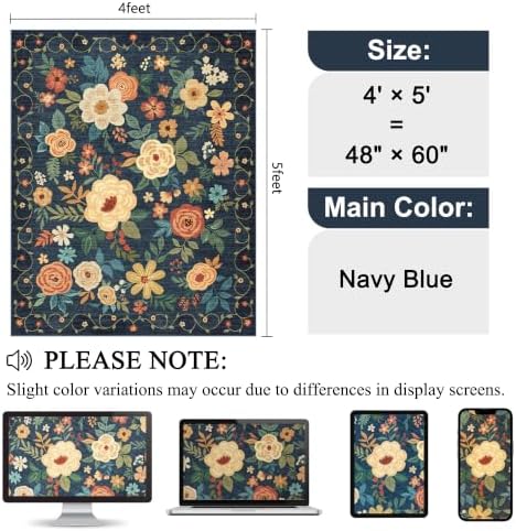 DUKINO 4x5 Area Rug for Entryway, Floral Washable Rug Non Slip, Navy Blue - Image 2
