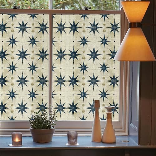 Grey Blue Star Boho Geometric Beige Modern Stained Glass Window Films Decorative Double-Side Privacy Film Self-Adhesive Static Clings for Living Room Bathroom Glass Windows Decor - Image 3