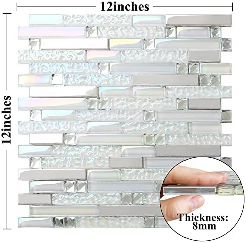 Blujellyfish Glass Metal Tile Iridescent White Glass Silver Mirror Stainless Steel Blends Interlocking Strip Wall Tiles TSTNB01 (Pack of 5 Sheets) - Image 4