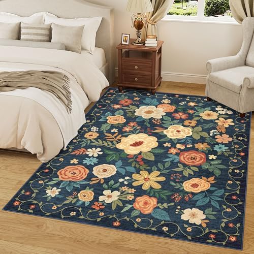 DUKINO 5x7 Area Rug Floral Washable Rug for Living Room Non Slip, Navy Blue - Image 6