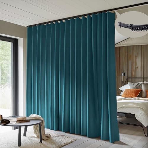 MaKefeile Room Divider Curtains with Flexible Ceiling Curtain Tracks Set,100% Blackout Floor to Ceiling Curtains Patio Sliding Door Curtains (Azure Blue Drape & Black Rail W 8.3 × H 9 FT) by Makefeileshade