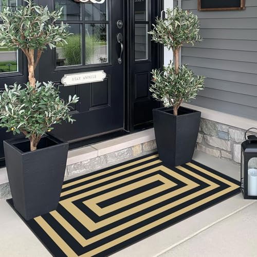 Front Door Mat Indoor Entrance - 2x4.3 Modern Black Tan Striped Rug - Image 4