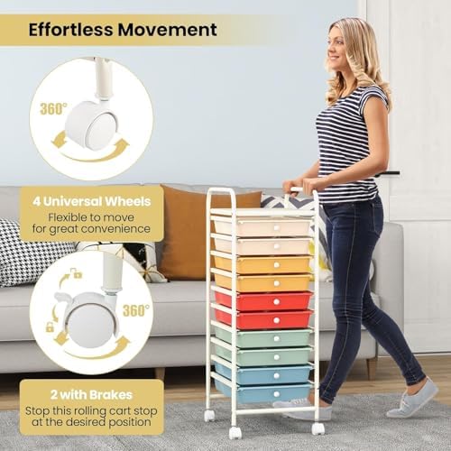 10-Drawer Rolling Storage Cart, Trolley w/Lockable 360° Wheels, 10 Removable PP Drawers, Sturdy Metal Frame, Rolling Utility Cart Perfect for Home, Office, Classroom (Macaron) - Image 4