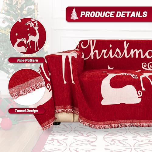 MYSKY HOME Christmas Couch Cover for Dogs, Washable Couch Covers, Non Slip Sofa Slipcover, Couch Cover 2 Cushion Sofa Dogs Furniture Protector, Chenille Sofa Covers for Pets, Kids, 71"x102", Red - Image 3