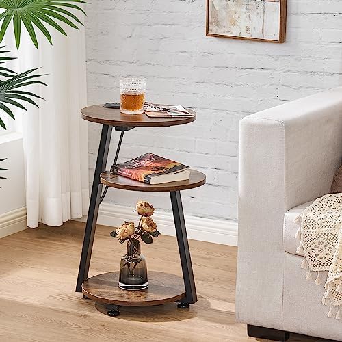 BEWISHOME Round End Table with Charging Station, Rustic Brown - Image 2